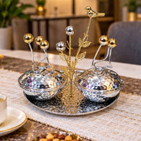 Anupam Luxury Silver & Gold Decorative Dry Fruit Serving Bowl Set with Tray, Bird Accent and Crystal Ball Detailing for Home and Gifting