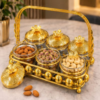 Anupam Luxury Golden 6-Piece Dry Fruit Jar Set with Decorative Lids, Metal Stand and Carry Handle for Home and Premium Gifting