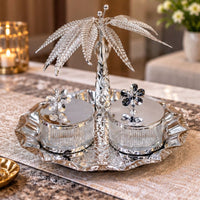 Anupam Luxury Silver Palm Tree Dry Fruit Serving Bowl Set with Floral Lid Detailing and Decorative Tray for Home and Premium Gifting