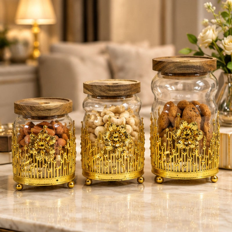 Anupam Luxury Glass Storage Jar Set of 3 with Wooden Lids and Golden Decorative Stand for Dry Fruits, Snacks and Kitchen Decor