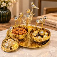 Anupam Luxury Golden Decorative Dry Fruit Serving Bowl Set with Tray, Crystal Ball Detailing and Bird Accent for Home Decor and Gifting