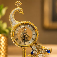 Anupam Luxury Peacock Table Clock with Golden Finish & Crystal Detailing Home Decor Gift Items