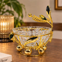 Anupam Luxury Golden Leaf Decorative Glass Serving Bowl with Floral Accent Stand for Dry Fruits, Chocolates, Home Decor and Gifting