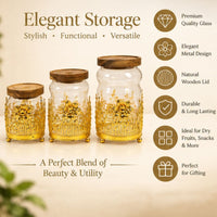 Anupam Luxury Glass Storage Jar Set of 3 with Wooden Lids and Golden Decorative Stand for Dry Fruits, Snacks and Kitchen Decor