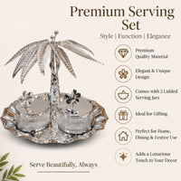 Anupam Luxury Silver Palm Tree Dry Fruit Serving Bowl Set with Floral Lid Detailing and Decorative Tray for Home and Premium Gifting