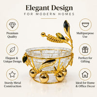 Anupam Luxury Golden Leaf Decorative Glass Serving Bowl with Floral Accent Stand for Dry Fruits, Chocolates, Home Decor and Gifting