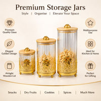 Anupam Premium Glass Storage Jar Set of 3 with Wooden Lids and Golden Decorative Stand for Dry Fruits, Snacks and Kitchen Decor