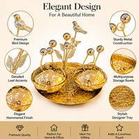 Anupam Luxury Golden Decorative Dry Fruit Serving Bowl Set with Tray, Crystal Ball Detailing and Bird Accent for Home Decor and Gifting