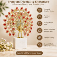Anupam Luxury Golden Peacock Decorative Showpiece with Red and Pink Stone Detailing and White Marble Look Base for Home and Office Decor