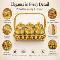 Anupam Luxury Golden 6-Piece Dry Fruit Jar Set with Decorative Lids, Metal Stand and Carry Handle for Home and Premium Gifting