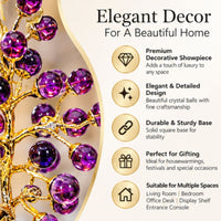 Anupam Luxury Golden Crystal Tree Showpiece with Purple Glass Ball Accents and Black Base for Home and Office Decor