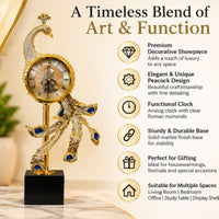 Anupam Luxury Peacock Table Clock with Golden Finish & Crystal Detailing Home Decor Gift Items