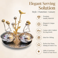 Anupam Luxury Silver & Gold Decorative Dry Fruit Serving Bowl Set with Tray, Bird Accent and Crystal Ball Detailing for Home and Gifting