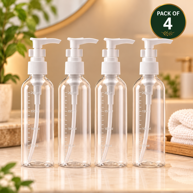 Anupam Transparent Refillable Pump Dispenser Bottles 200ml for Hand Wash, Lotion, Shampoo & Sanitizer – Pack of 4