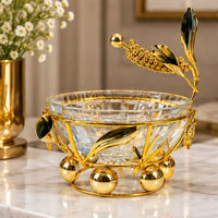 Anupam Luxury Golden Leaf Decorative Glass Serving Bowl with Floral Accent Stand for Dry Fruits, Chocolates, Home Decor and Gifting