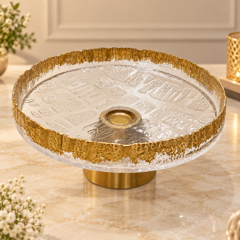Anupam Gold Rim Textured Glass Pedestal Fruit Bowl with Decorative Metal Base | Dining Table, Home and Festive Gifting — product view 1