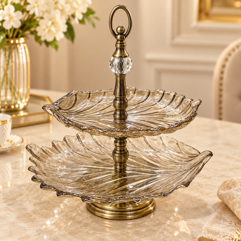 Anupam Two Tier Scalloped Glass Serving Stand with Antique Gold Handle and Pedestal Base | Dining Table, Home and Festive Gifting — product view 1
