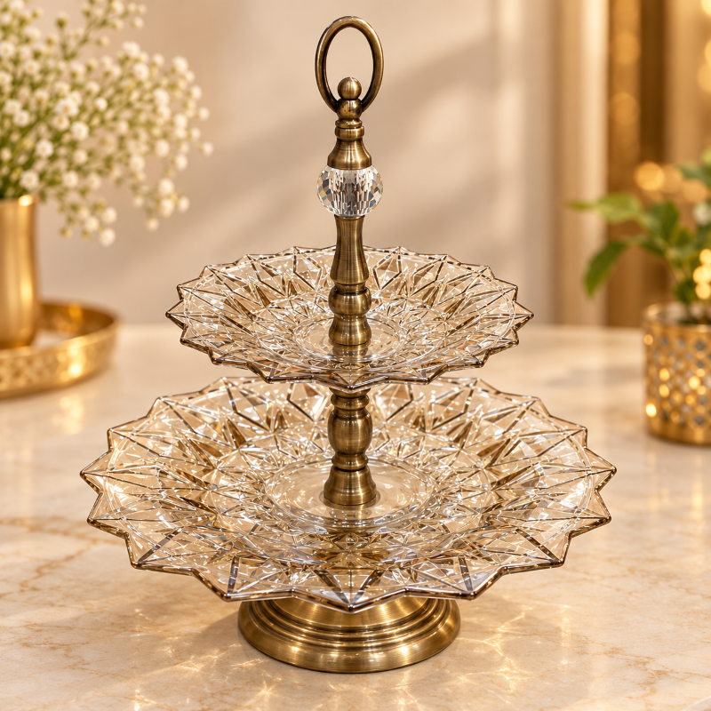 Anupam Two Tier Star Edge Glass Fruit and Dessert Stand with Antique Gold Metal Handle | Dining Table, Home and Festive Gifting — product view 1