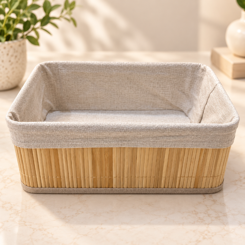 Anupam Large Rectangular Bamboo-Style Storage Basket with Beige Fabric Lining for Wardrobe, Bathroom & Shelf Organization - Size: 12 x 8 x 5 Inches (L x W x H)