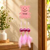 Anupam Pink Bear Wish Wind Chime with Pearl Style Beads Bells and Feather Tassels | Doorway, Window and Home Decor — product view 1