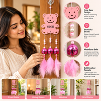 Anupam Pink Bear Wish Wind Chime with Pearl Style Beads Bells and Feather Tassels | Doorway, Window and Home Decor — product view 2