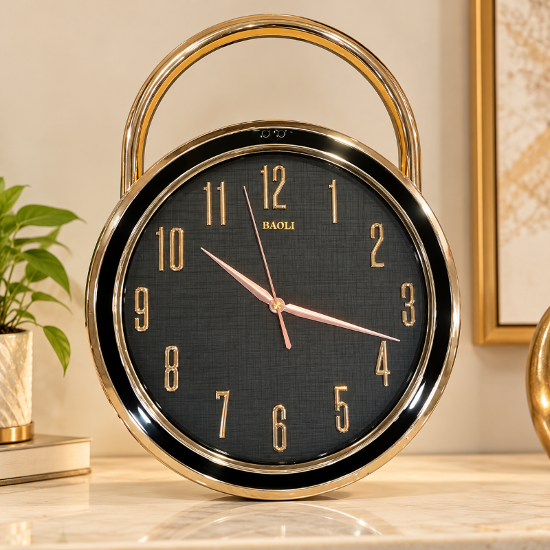 Anupam Black Dial Wall Clock with Gold Numerals and Decorative Loop Frame | Living Room, Bedroom and Office