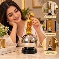 Anupam Gold Big Cat Figurine on Mirror Effect Sphere and Black Pedestal | Living Room, Office and Gifting — product view 2