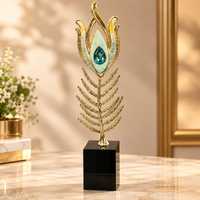 Anupam Gold Peacock Feather Glass and Metal Sculpture with Blue Accent on Black Base | Living Room, Office and Gifting — product view 2