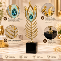 Anupam Gold Peacock Feather Glass and Metal Sculpture with Blue Accent on Black Base | Living Room, Office and Gifting — product view 3