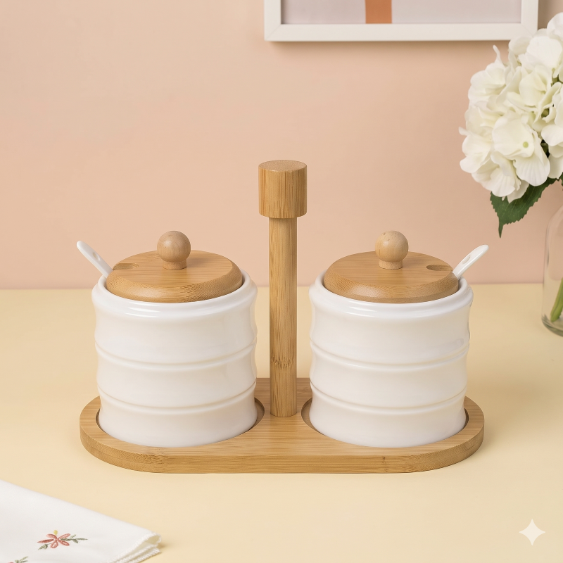 Anupam White Ribbed Ceramic Condiment Jar Set with Wooden Lids Tray and Carry Handle | Dining Table, Home and Festive Gifting — product view 1