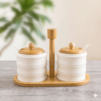 Anupam White Ribbed Ceramic Condiment Jar Set with Wooden Lids Tray and Carry Handle | Dining Table, Home and Festive Gifting — product view 2