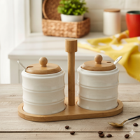 Anupam White Ribbed Ceramic Condiment Jar Set with Wooden Lids Tray and Carry Handle | Dining Table, Home and Festive Gifting — product view 3