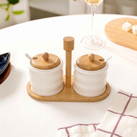 Anupam White Ribbed Ceramic Condiment Jar Set with Wooden Lids Tray and Carry Handle | Dining Table, Home and Festive Gifting — product view 4
