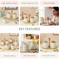 Anupam White Ribbed Ceramic Condiment Jar Set with Wooden Lids Tray and Carry Handle | Dining Table, Home and Festive Gifting — product view 5