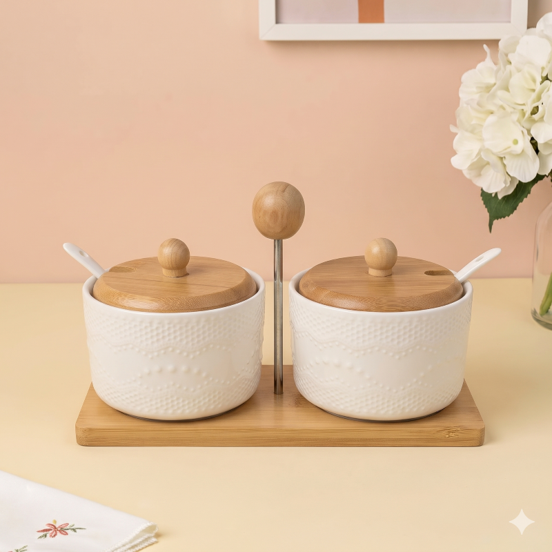 Anupam White Textured Ceramic Twin Bowl Set with Wooden Lids and Handled Tray | Dining Table, Home and Festive Gifting