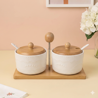 Anupam White Textured Ceramic Twin Bowl Set with Wooden Lids and Handled Tray | Dining Table, Home and Festive Gifting — product view 1