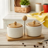 Anupam White Textured Ceramic Twin Bowl Set with Wooden Lids and Handled Tray | Dining Table, Home and Festive Gifting — product view 3