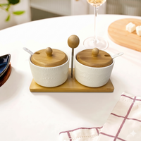 Anupam White Textured Ceramic Twin Bowl Set with Wooden Lids and Handled Tray | Dining Table, Home and Festive Gifting — product view 4