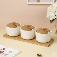 Anupam White Ribbed Ceramic Three Bowl Serving Set with Wooden Lids and Rectangular Tray | Dining Table, Home and Festive Gifting — product view 1