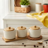 Anupam White Ribbed Ceramic Three Bowl Serving Set with Wooden Lids and Rectangular Tray | Dining Table, Home and Festive Gifting — product view 2