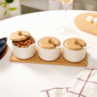 Anupam White Ribbed Ceramic Three Bowl Serving Set with Wooden Lids and Rectangular Tray | Dining Table, Home and Festive Gifting — product view 4