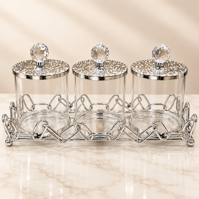 Anupam Silver Three Glass Jar Dry Fruit, Candy & Spice Storage Set with Crystal-Style Knob Lids and Metal Stand — image 1