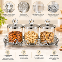 Anupam Silver Three Glass Jar Dry Fruit, Candy & Spice Storage Set with Crystal-Style Knob Lids and Metal Stand — image 4