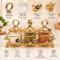 Anupam Gold Ribbed Glass Three Jar Dry Fruit & Mukhwas Serving Set with Ring-Handle Lids, Spoons and Metal Rack — image 2