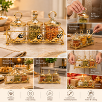 Anupam Gold Ribbed Glass Three Jar Dry Fruit & Mukhwas Serving Set with Ring-Handle Lids, Spoons and Metal Rack — image 4