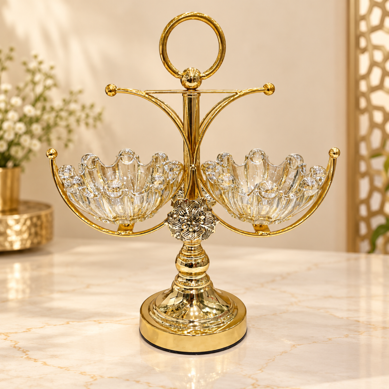 Anupam Gold Twin Scalloped Glass Bowl Dry Fruit & Chocolate Serving Stand with Floral Detail and Ring Handle — image 1