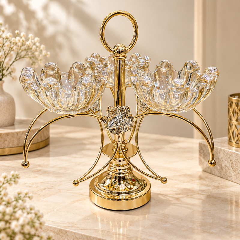 Anupam Gold Triple Scalloped Glass Bowl Dry Fruit & Candy Serving Stand with Ornate Floral Detail and Ring Handle — image 1