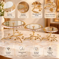 Anupam Gold Mirrored Glass Cake Display Stands, Set of 3 with Floral Metal Bases, Gold Metal & Glass - product image 4