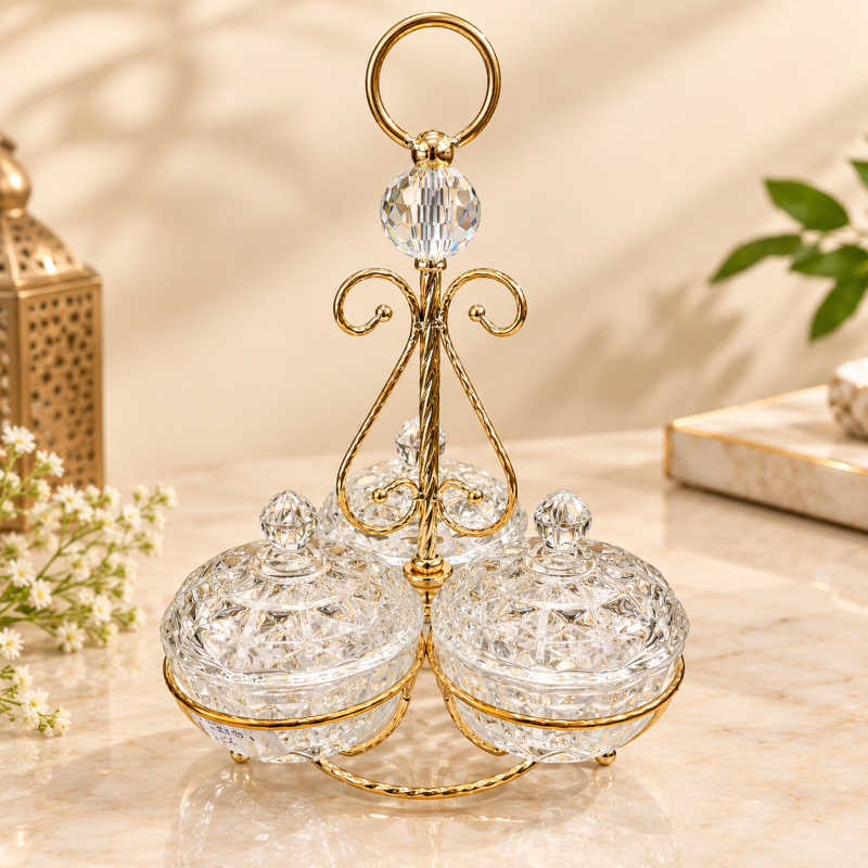 Anupam Gold Three Lidded Cut-Style Glass Bowl Dry Fruit & Mukhwas Serving Set with Scrollwork Stand and Ring Handle – 22 × 18 cm (H × W)