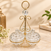 Anupam Gold Three Lidded Cut-Style Glass Bowl Dry Fruit & Mukhwas Serving Set with Scrollwork Stand and Ring Handle — image 1